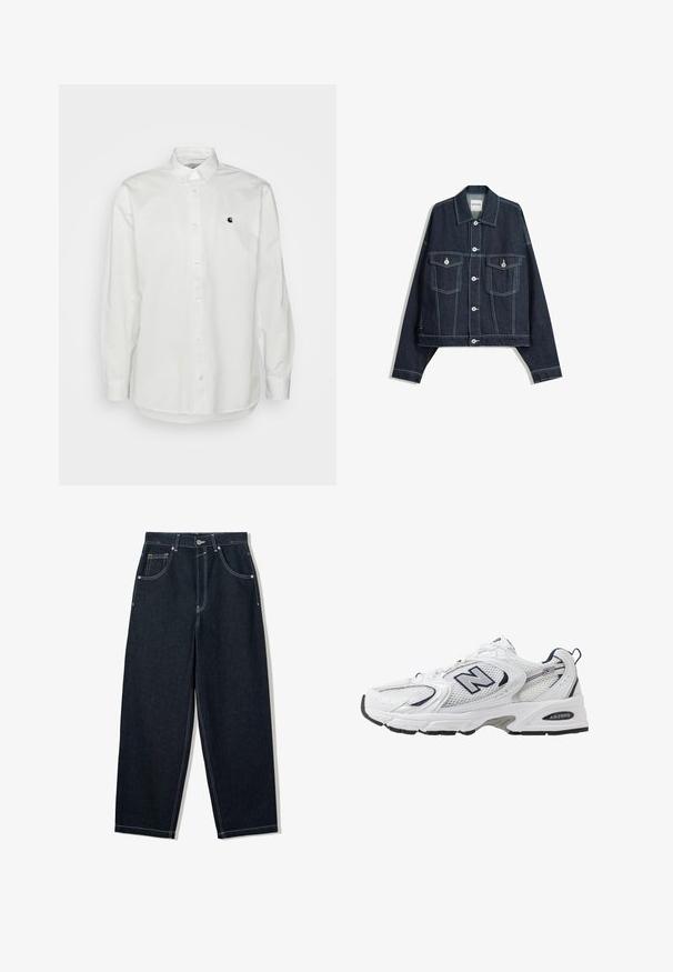 Donkerblauwe spijkerjas met witte contrasterende stiksels, sluiting met knopen aan de voorkant, twee klepborstzakken en lange mouwen.; Witte lange mouwen overhemd met knopen, gemaakt van katoen, met een klein zwart logo op de linkerkant van de borst en een klassieke kraag met knoopaccenten.; Wijdbenige, donkerblauwe spijkerbroek met contrasterende witte stiksels, vijf zakken en een knoopsluiting. Voorzien van een hoge taille.; Witte sport schoen met mesh bovenkant, marineblauwe accenten en een gehoorzaamde zool. Bevat het "N" logo, veters en een gestructureerde detail aan de zijkant.