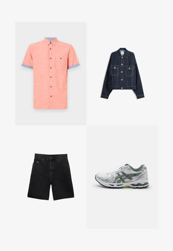 Jachetă din denim de nuanță albastru închis, cu cusături contrastante albe, închidere prin buton frontal, două buzunare pe piept cu clapă și mâneci lungi.; Cămașă cu mâneci scurte, în culoare corai, cu guler și accente la manșete de culoare albastră, dotată cu un buzunar aplicat și nasturi maro. Țesătură texturată.; Șorturi din denim negre, cu croi drept, cinci buzunare, închidere cu buton metalic și un logo subtil al brandului pe buzunarul din față.; Pantof din neopren alb cu accente argintii, guler din plasă verde și dungi verzi. Are o parte superioară din plasă texturată și o talpă căptușită.