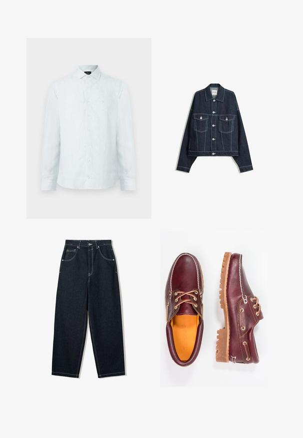 Tmavě modrá džínová bunda s bílým kontrastním prošitím, zapínání na knoflíky vpředu, dvě kapsy na hrudi s klopami a dlouhými rukávy.; Pánská košile na knoflíky ve světle modré barvě s bílými svislými pruhy, klasickým límečkem, dlouhými rukávy a diskrétním logem na hrudi.; Široké tmavé džínové kalhoty s kontrastním bílým prošíváním, pěti kapsami a zapínáním na knoflík. Mají vysoký pas.; Burgundské kožené boty s hnědými gumovými podrážkami, kulatou špičkou, bílým prošíváním a zlatými očky. Interiér obsahuje žlutou podšívku.