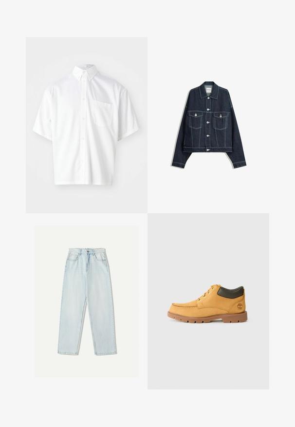 Giacca in denim blu scuro con cuciture bianche a contrasto, chiusura frontale con bottoni, due tasche sul petto con patta e maniche lunghe.; Camicia bianca a maniche corte realizzata in tessuto morbido, con colletto a camicia e una tasca frontale singola sul lato sinistro.; Jeans in denim azzurro chiaro con una vestibilità comoda, design a gamba dritta, stile a cinque tasche e leggere sfumature sul tessuto.; Scarpa in pelle gialla con suola in gomma marrone, punta rotonda e dettaglio in pelle verde alla caviglia. Presenta occhielli dorati e dettagli di cucitura.