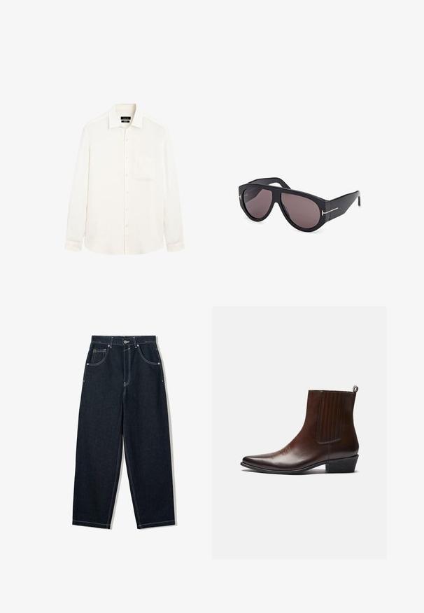 Granatowa kurtka dżinsowa z białymi kontrastowymi szwami, z przodem zapinanym na guziki, dwoma klapkowymi kieszeniami na piersiach i długimi rękawami.; Koszula z długim rękawem w kolorze kremowym, wykonana z lekkiego lnu, z kołnierzykiem zapinanym na guziki i jedną kieszenią na piersi. Charakteryzuje się luźnym krojem.; Spodnie dżinsowe o szerokich nogawkach w ciemnym denimu z kontrastowym białym przeszyciem, pięcioma kieszeniami i zapięciem na guzik. Posiadają wysoki stan.; Brązowy skórzany botek za kostkę z wąskim nosem, elastycznymi bocznymi panelami, teksturowanym wykończeniem z przodu oraz niskim, słupkowym obcasem.; Czarne przesadnie duże okulary przeciwsłoneczne z gradientowymi ciemnymi soczewkami, kanciastym designem oprawki oraz złotymi akcentami na zausznikach.