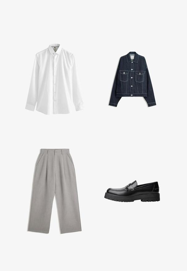 Donkerblauwe spijkerjas met witte contrasterende stiksels, sluiting met knopen aan de voorkant, twee klepborstzakken en lange mouwen.; Witte langemouwen overhemd van katoen, met een klassieke kraag, knoopsluiting aan de voorkant en een rechte zoom met manchetten bij de polsen.; Lichtgrijze broek met een rechte pasvorm, voorzien van twee voorplooien en zijzakken, gemaakt van een gladde stof.; Zwarte leren loafer met een chunky profielzool en een decoratieve band over de bovenkant, weergegeven in het linkerzijprofiel op een witte achtergrond.