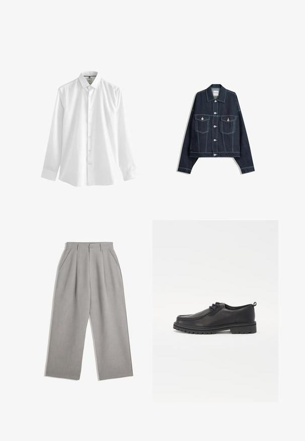 Tummansininen farkkutakki valkoisilla kontrastipistoilla, edessä nappisuljenta, kaksi läpällistä rintataskua ja pitkät hihat.; Valkoinen pitkähiha-paita, joka on valmistettu puuvillasta. Siinä on klassinen kaulus, nappisuljenta edessä ja suora helma, jossa on hihansuut rannekkeilla.; Vaaleanharmaat suorat housut, joissa on kaksi etutaskua ja sivutaskut, valmistettu sileästä kankaasta.; Mustat nahkakengät, joissa on pyöristetyt varpaat, teksturoitu tikkaus, matala profiili ja kumipohja, jossa on syvät urat pitoa varten.