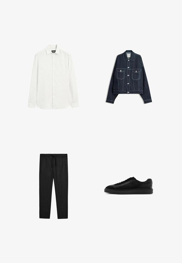 Tmavě modrá džínová bunda s bílým kontrastním prošitím, zapínání na knoflíky vpředu, dvě kapsy na hrudi s klopami a dlouhými rukávy.; Světle šedá košile s dlouhým rukávem a jemnými vertikálními pruhy. Knoflíkový límeček, přední zapínání na knoflíky a manžety na jeden knoflík. Texturovaná tkanina.; Massimo Dutti JOGGER FIT - Kalhoty - black; Černé kožené tenisky s hladkým povrchem, kulatou špičkou, šněrováním na přední části a kontrastní texturovanou klopnou. Silná černá gumová podrážka.