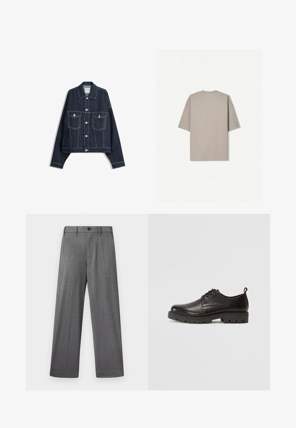 Giacca in denim blu scuro con cuciture bianche a contrasto, chiusura frontale con bottoni, due tasche sul petto con patta e maniche lunghe.; Maglietta a maniche corte in cotone beige chiaro, con collo rotondo e design minimalista senza motivi o accenti visibili.; Pantaloni grigi a gamba larga in tessuto strutturato con chiusura a bottoni, tasche laterali e pieghe marcate lungo le gambe.; Scarpe nere in pelle con lacci, caratterizzate da una finitura liscia, punta arrotondata, suola di gomma spessa con motivo a tassello e una piccola linguetta sul tallone.