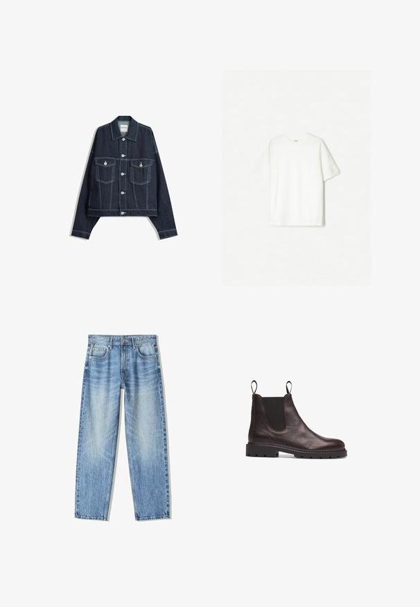Jachetă din denim de nuanță albastru închis, cu cusături contrastante albe, închidere prin buton frontal, două buzunare pe piept cu clapă și mâneci lungi.; Tricou alb cu mânecă scurtă, made din bumbac moale. Design cu gât rotund, cu o croială lejeră și fără logo-uri sau modele vizibile.; Jeans din denim de culoare albastru deschis, cu croială lejeră, design drept, cinci buzunare și textură uzată. Include închidere cu un buton și fermoar în față.; Cizme Chelsea din piele maro, cu panouri laterale elastice, finisaj texturat și talpă robustă din cauciuc negru cu caneluri pentru aderență.