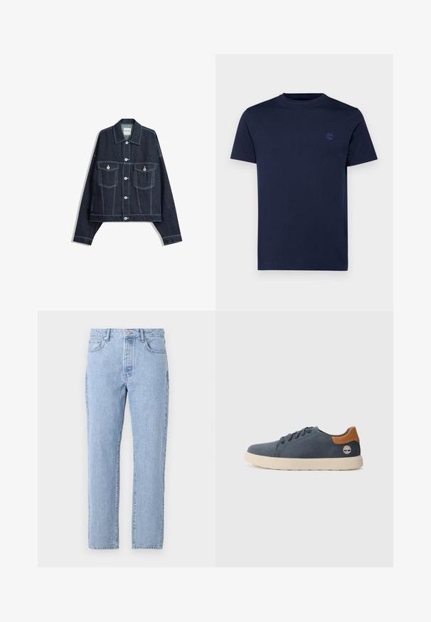 Donkerblauwe spijkerjas met witte contrasterende stiksels, sluiting met knopen aan de voorkant, twee klepborstzakken en lange mouwen.; Marineblauwe katoenen t-shirt met een ronde hals, korte mouwen en een klein geborduurd logo op de borst. Gladde textuur, normale pasvorm.; Lichtblauwe spijkerbroek met een recht model, vijf zakken en een knoopsluiting. Zachte textuur met een klassieke vervaagde afwerking.; Marine canvas sneaker met een beige rubberen zool, bruine leren accent op de hiel en gestructureerde stiksels. Bevat ronde veters en logo-detail.