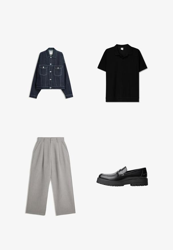 Tmavě modrá džínová bunda s bílým kontrastním prošitím, zapínání na knoflíky vpředu, dvě kapsy na hrudi s klopami a dlouhými rukávy.; Černé polo tričko s krátkým rukávem, vyrobené z ribbované látky, s klasickým límečkem a rovnými lemy. Jednoduchý a univerzální design.; Světlé šedé kalhoty se střihem rovného nohavice, zdobené dvěma předními sklady a postranními kapsami, vyrobené z hladké tkaniny.; Černé kožené mokasíny s masivní podrážkou a dekoračním páskem přes horní část, zobrazené v levém bočním profilu na bílém pozadí.