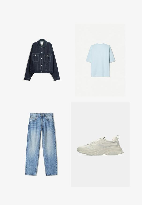 Temno modra kavbojka z belimi kontrastnimi šivi, z zapiranjem na gumbe spredaj, dvema žepoma na prsih s poklopcem ter dolgimi rokavi.; Svijetloplavi pamučni majica kratkih rukava s okruglim izrezom i jednostavnim stražnjim dizajnom koji sadrži mali horizontalni detalj šava.; Svetlo modri kavbojke z ohlapnim krojem, ravnim nogavicama, petimi žepi in zbledelim videzom. Imajo zadrgo in gumb na sprednji strani.; Beli debeli športni čevlj z debelim podplatom, mrežastimi paneli, zavezovanjem in zanko na peti, viden s sprednje strani.