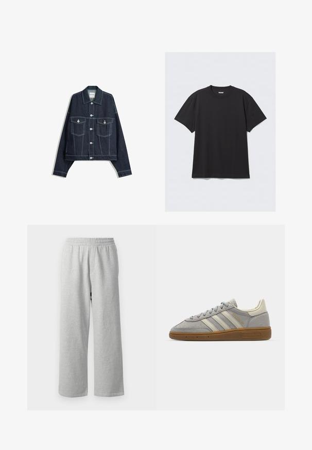 Temno modra kavbojka z belimi kontrastnimi šivi, z zapiranjem na gumbe spredaj, dvema žepoma na prsih s poklopcem ter dolgimi rokavi.; Crna majica s kratkimi rokavi iz bombaža. Ima okroglo ovratnik in sproščen kroj. Preprost dizajn brez vzorcev ali poudarkov.; Sive bombažne trenirke z elastičnim pasom in širokimi hlačnicami, z gladko teksturo in minimalnim dizajnom, primerne za vsakodnevno nošenje.; Sive športne copate iz semiša z svetlosivimi usnjenimi črtami in gumijastim podplatom. Značilnosti vključujejo vezalni sistem in subtilno blagovno oznako na jezičku.