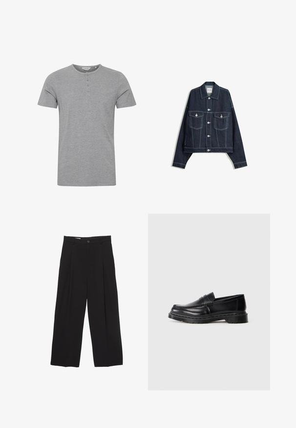 Jachetă din denim de nuanță albastru închis, cu cusături contrastante albe, închidere prin buton frontal, două buzunare pe piept cu clapă și mâneci lungi.; Tricou gri cu mânecă scurtă, realizat dintr-o țesătură moale, având un guler rotund și detalii cu patru butoane pe partea din față.; Pantaloni negri cu croi larg, realizati dintr-un material neted, avand o talie plată, pliuri frontale și un buton de închidere.; Pantofi negri din piele pentru bărbați, cu talpă groasă și cusătura moc toe, arătați în profil pe un fundal alb.