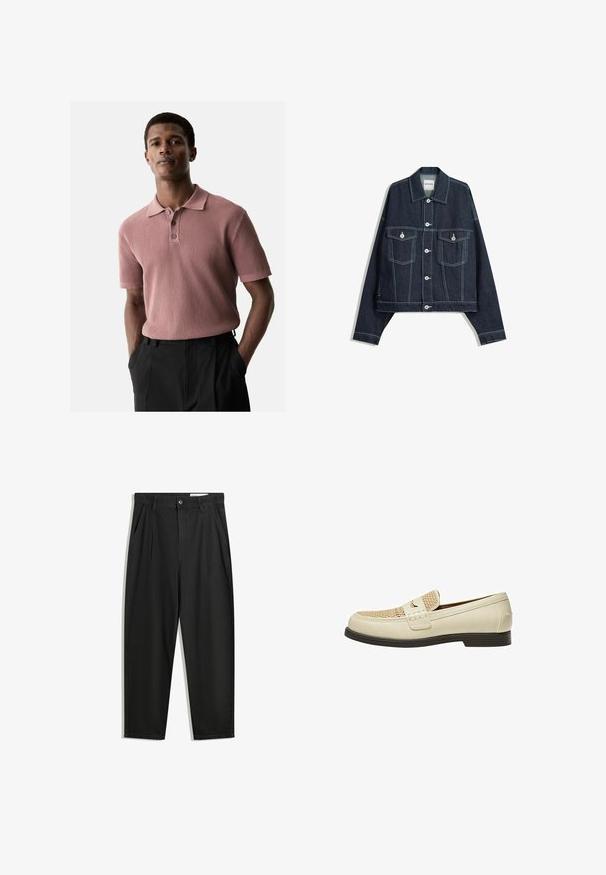 Sötétkék farmerdzseki fehér kontrasztvarrással, elöl gombos záródás, két hajtókás mellzseb és hosszú ujjú.; Ránccsal ellátott, rövid ujjú pólóing poros rózsaszínben, galléros dekoltárral és három gombos nyitással. Sötét nadrággal viselve, kezek a zsebekben.; Fekete pamut nadrág laza szabással, klasszikus derékrésszel, elülső hajtásokkal és oldalsó zsebekkel. Simább textúra minta nélkül.; Beige bőrcipők, fonott részletekkel az orron és lapos barna talppal. Dekoratív pánt található az elején.