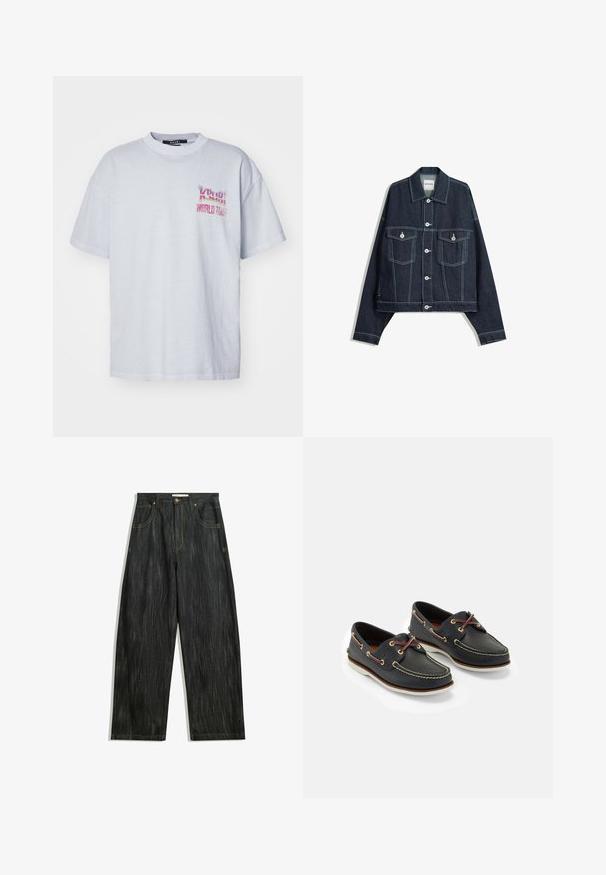 Tmavě modrá džínová bunda s bílým kontrastním prošitím, zapínání na knoflíky vpředu, dvě kapsy na hrudi s klopami a dlouhými rukávy.; Světle šedé bavlněné tričko s volným střihem, na levé straně hrudníku s barevným grafikou "Ksubi World Tour". Krátký rukáv a kulatý výstřih.; Tmavé džíny s volným střihem, s jemnou vertikální texturou, žlutým prošíváním, pěti kapsami a klasickým zapínáním na knoflík.; Námořnické kožené lodní boty s žlutým prošíváním, červenými tkaničkami a stříbrnými kroužky; kulatá špička; bílá gumová podrážka.
