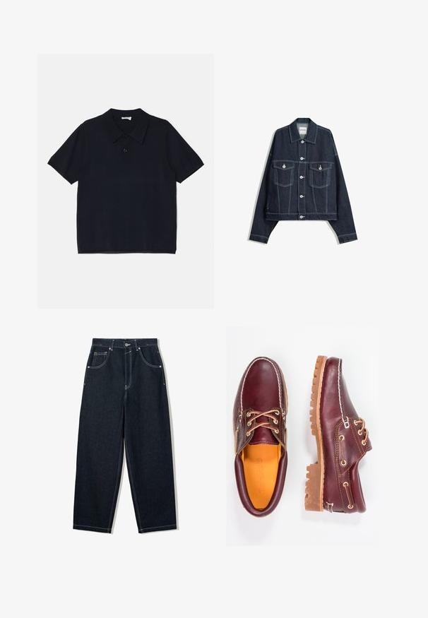 Donkerblauwe spijkerjas met witte contrasterende stiksels, sluiting met knopen aan de voorkant, twee klepborstzakken en lange mouwen.; Zwarte polo met korte mouwen van een zachte, lichte stof. Heeft een klassieke kraag en een voorste knoopsluiting.; Wijdbenige, donkerblauwe spijkerbroek met contrasterende witte stiksels, vijf zakken en een knoopsluiting. Voorzien van een hoge taille.; Bordeaux leren schoenen met bruine rubberen zolen, ronde neus, witte stiksels en gouden veterogen. Het interieur heeft een gele voering.