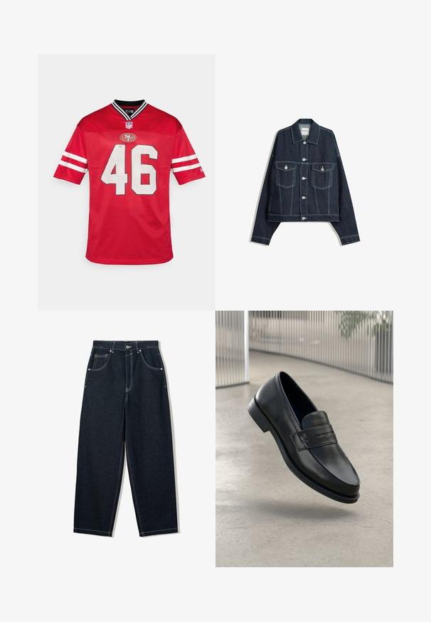Sötétkék farmerdzseki fehér kontrasztvarrással, elöl gombos záródás, két hajtókás mellzseb és hosszú ujjú.; Piros NFL mez, hálós anyagból, rövid ujjú, fehér csíkokkal, fekete-fehér gallérral, és a 46-os szám nagy fehér betűkkel.; Széles szárú, sötét farmernadrág kontrasztos fehér varrással, öt zsebbel és gombos záródással. Magas derék kialakítás jellemzi.; Fekete bőr mokaszin sima felülettel, hegyes orral és dekoratív pánttal a lábfej fölött. Könnyű talp, letisztult dizájn.