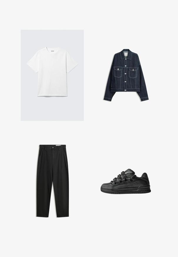 Donkerblauwe spijkerjas met witte contrasterende stiksels, sluiting met knopen aan de voorkant, twee klepborstzakken en lange mouwen.; Witte katoenen T-shirt met ronde hals en korte mouwen. Rechte zoom zonder patronen of accenten, wat zorgt voor een eenvoudig ontwerp.; Zwarte katoenen broeken met een losse pasvorm, voorzien van een klassieke tailleband, voorplooien en zijzakken. Gladde structuur zonder patronen.; Zwarte sneakers met een glad leren bovenwerk, gearceerde accenten en ronde zwart-witte veters. Dikke rubberen zool met een geprofileerd loopvlak.