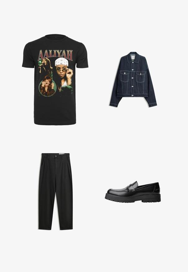 Tmavomodrá džínová bunda s bielym kontrastným šitím, predným zapínaním na gombíky, dvoma náprsníkmi s klopami a dlhými rukávmi.; Čierne bavlnené tričko s obrázkami Aaliyah, s bielou a zelenou grafikou a tučným červeným písmom pre meno "AALIYAH."; Čierne bavlnené nohavice s voľným strihom, s klasickým pásom, prednými záhybmi a bočnými vreckami. Hladká textúra bez vzorov.; Čierne kožené mokasíny s masívnou podrážkou a dekoratívnym pásom cez hornú časť, zobrazené z ľavého bočného profilu na bielom pozadí.