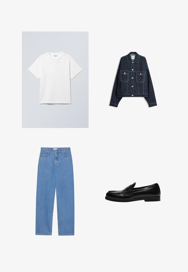 Mørkeblå denimjakke med hvid kontrastsyning, frontknaplukning, to klaplommer på brystet og lange ærmer.; Hvid bomuld t-shirt med rund halsudskæring, korte ærmer og en afslappet pasform. Har et mærke, der står "WEEKDAY", på halsudskæringen.; Lysblå denim jeans med lige pasform, femlommemodel, enkelt knaplukning og diskrete syninger på sømmene.; Sorte læder loafers med en glat overflade, der har en syning detalje på vampen og en lav, solid sort gummisål.