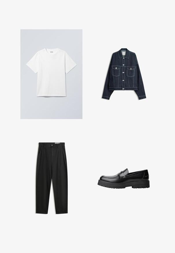 Granatowa kurtka dżinsowa z białymi kontrastowymi szwami, z przodem zapinanym na guziki, dwoma klapkowymi kieszeniami na piersiach i długimi rękawami.; Biała bawełniana koszulka z okrągłym dekoltem, krótkimi rękawami i luźnym krojem. Ma etykietę z nazwą marki "WEEKDAY" na dekolcie.; Czarne bawełniane spodnie o luźnym kroju, z klasycznym pasem, przednimi plisy oraz bocznymi kieszeniami. Gładka struktura, bez wzorów.; Czarne skórzane mokasyny z grubą, bieżnikowaną podeszwą i dekoracyjnym paskiem na górze, pokazane w lewym profilu na białym tle.