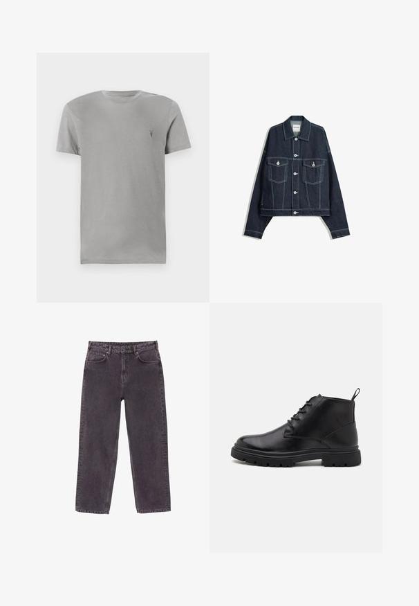 Dunkelblaue Jeansjacke mit weißen Kontrastnähten, vorderem Knopfverschluss, zwei aufgesetzten Brusttaschen und langen Ärmeln.; Graues Baumwoll-T-Shirt mit Rundhalsausschnitt und kurzen Ärmeln. Verfügt über ein kleines dunkles Logo auf der oberen linken Seite. Klassische Passform, glatte Textur.; Graue Denim-Jeans mit geradem Schnitt, fünf Taschen und Messingknopfverschluss. Ausgestattet mit einer mittleren Waschung und subtilem Verblassen sowie Nähdetails.; Schwarze Leder-Stiefeletten mit Schnürung, strukturierten Sohlen und Zuglasche. Abgerundete Zehen und robuste Gummisohle mit verbessertem Grip.