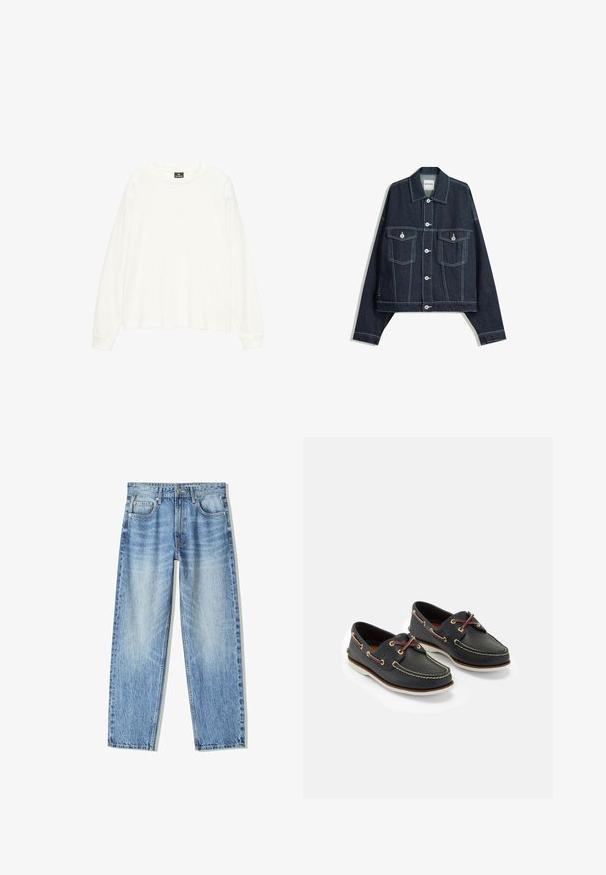 Tmavě modrá džínová bunda s bílým kontrastním prošitím, zapínání na knoflíky vpředu, dvě kapsy na hrudi s klopami a dlouhými rukávy.; Bílá košile s dlouhým rukávem vyrobená z měkkého materiálu, s širokým kulatým výstřihem a uvolněným střihem. Hladký povrch s žebrovanými manžetami.; Světle modré džíny z denimu s volným střihem, rovnými nohavicemi, pěti kapsami a bledým vzhledem. Obsahují přední zapínání na knoflík a zip.; Námořnické kožené lodní boty s žlutým prošíváním, červenými tkaničkami a stříbrnými kroužky; kulatá špička; bílá gumová podrážka.