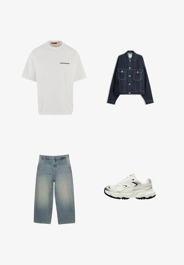 Tmavě modrá džínová bunda s bílým kontrastním prošitím, zapínání na knoflíky vpředu, dvě kapsy na hrudi s klopami a dlouhými rukávy.; Bílý bavlněný tričko s krátkým rukávem a volným střihem. Na hrudi se nachází v tučném černém písmu nápis "ZAKÁZÁNO". Kulatý výstřih.; Světle modré denimové kalhoty širokého střihu s vysokým pasem, s jemným vyblednutím, pěti kapsami a klasickým pasem se smyčkami na opasek.; Bílé tenisky s textilním svrškem, stříbrnými detaily, černou podešví a strukturovanými panely. Obsahují šněrovací design a zaoblený tvar špičky.