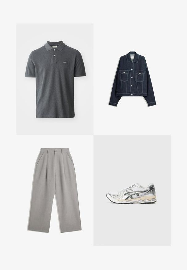 Tmavomodrá džínová bunda s bielym kontrastným šitím, predným zapínaním na gombíky, dvoma náprsníkmi s klopami a dlhými rukávmi.; Tmavohnedý polo tričko vyrobené z bavlny. Má klasický golier, troj tlačidlové zapínanie, krátke rukávy a malé vyšívané logo na hrudi.; Svetlošedé nohavice so strihom rovného nohu, s dvoma prednými skladmi a bočnými vreckami, vyrobené z hladkého materiálu.; Biele športové topánky so striebornými a čiernymi akcentmi, sieťovaným zvrškom, štruktúrovaným dizajnom, polstrovanou podrážkou a flexibilným vzorom podrážky.