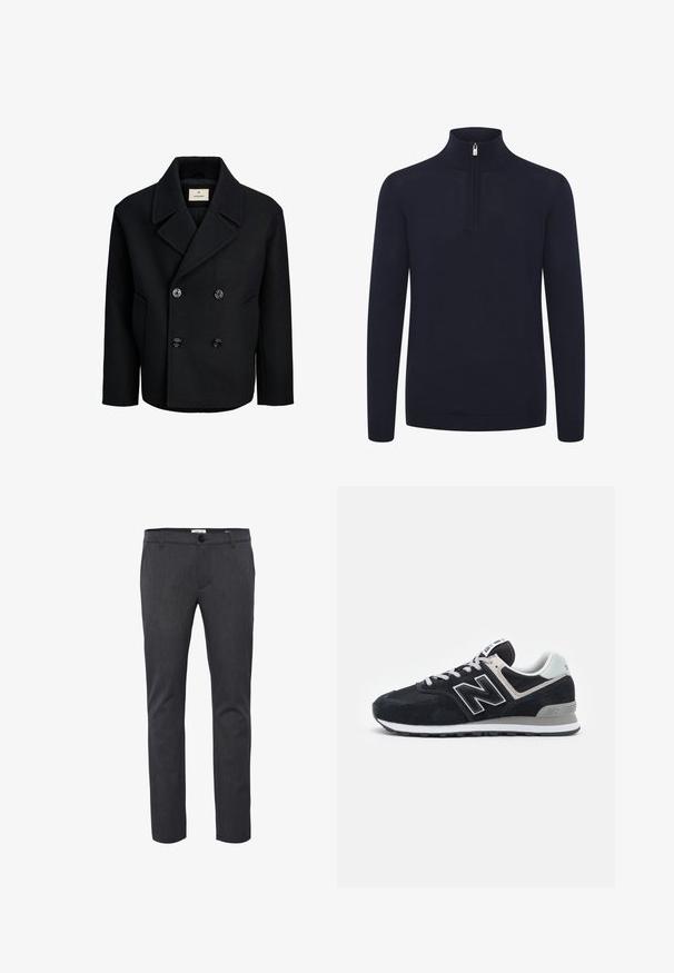 Črn dvoredni plašč iz volne z gladko teksturo, ki ima velike črne gumbe, zarezan ovratnik in stranske žepke.; Temno modra zadrgo pulover z visokim ovratnikom in dolgimi rokavi. Narejen iz mehke, teksturirane tkanine z rebrastimi manšetami in robom.; Temno sivi slim fit hlače, narejene iz teksturirane tkanine, z gumbom za zapiranje, zankami za pas in stranskimi žepi za praktično uporabo.; Temno mornarji iz semiša in mreže z belimi poudarki, zavezovanje, izrazito "N" logotip na strani in sivi gumi podplat.