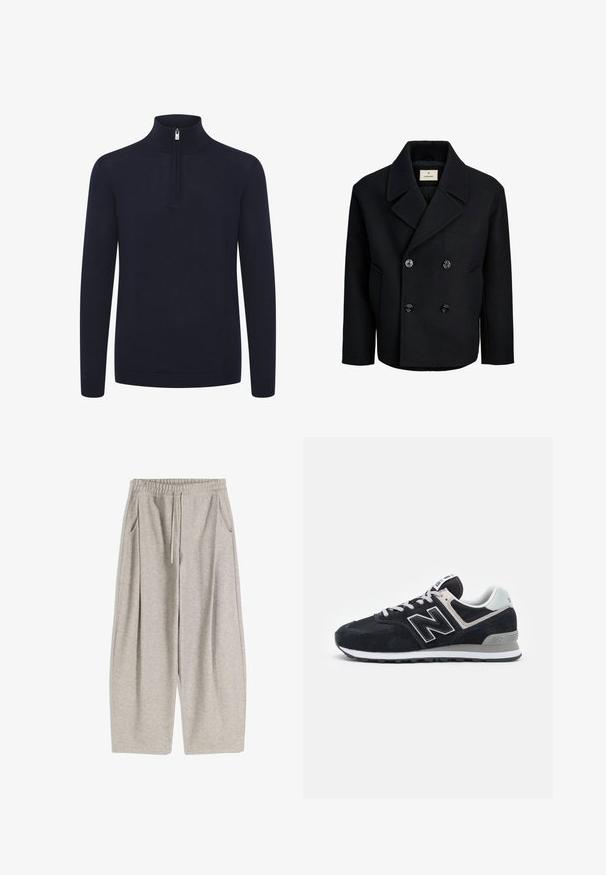 Schwarzer Doppelbreasted-Mantel aus Wolle mit glatter Textur, ausgestattet mit großen schwarzen Knöpfen, einem Reverskragen und Seitentaschen.; Dunkelblauer Reißverschluss-Pullover mit hohem Kragen und langen Ärmeln. Aus einem weichen, strukturierten Stoff mit gerippten Bündchen und Saum gefertigt.; Hellgraue Jogginghose mit elastischem Bund, verstellbarem Kordelzug, zwei Seitentaschen und weit auslaufenden Beinen. Weiche Textur, gefältetes Design.; Dunkelblaues Wildleder- und Mesh-Sneaker mit weißen Akzenten, Schnürdesign, auffälligem "N"-Logo seitlich und grauer Gummisohle.