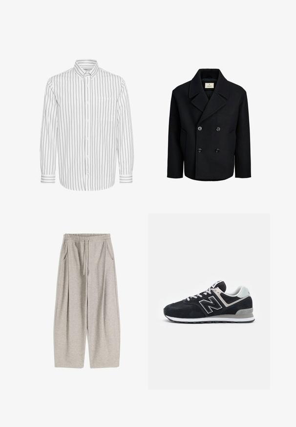 Mustat kaksiriviset villakoit, joissa on sileä pinta, suuret mustat napit, lovettu kaulus ja sivutaskut.; Valkoinen pitkähihainen paita, jossa on mustat pystysuorat raidat, napitettava kaulus, yksi rintatasku ja erottuvat raidalliset hihansuut.; Vaaleanharmaat hupparit, joissa on joustava vyötärö, säädettävä nyöritys, kaksi sivutaskua ja löysät, levenevät lahkeet. Pehmeä pinta, pleatattu muotoilu.; Tummansininen mokka- ja verkkomateriaaleista valmistettu lenkkari, jossa on valkoisia yksityiskohtia, nauhakiinnitys, näkyvä "N"-logo sivussa ja harmaa kumipohja.