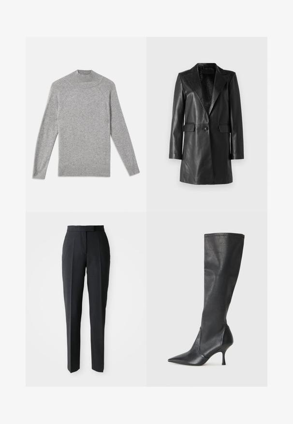 STUDIO ID Bőrdzseki - nappa black; Szürke kötött pulóver magas bordázott nyakú, raglán ujjakkal és bordázott mandzsettákkal, puha tapintással és egyszerű designnal.; Fekete, testre szabott, egyenes lábú nadrág magas derekú és elöl hajtott redőkkel, világos egyszínű háttér előtt bemutatva.; Térd fölötti fekete bőr csizmák hegyes orral és karcsú stiletto sarkal. Simább textúrájúak, jól illeszkedő kialakítással és varrással a tetején.