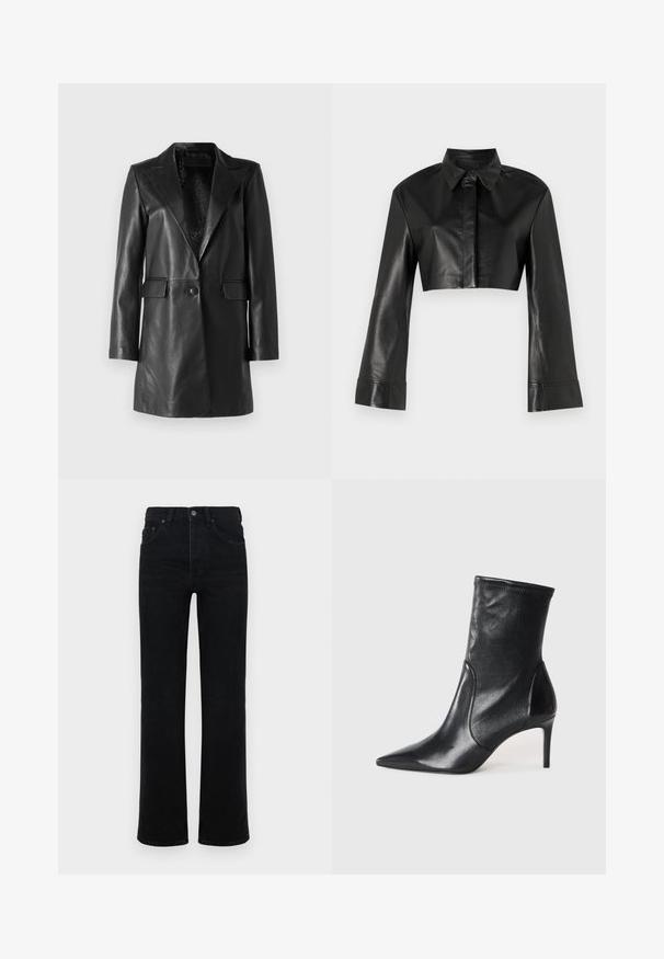 STUDIO ID Nahkjakk - nappa black; Must mustast nahkajope, millel on krae ja pikad laiad varrukad. Esiküljel on nupuga sulgemine ning see on sile ja läikiv.; Mustadest denimisärgid, kõrge vöökohaga, sirge jala lõikega, viie taskuga disain ja eesnupp. Sile tekstuur, minimaalne detailide arv.; Mustad mustajalatsid, mis on valmistatud siledast nahast, omavad teravat nina, kitsast varre ja peenikest kõrget kontsa. Minimalistlik disain, ilma nähtava riistvaraeta.