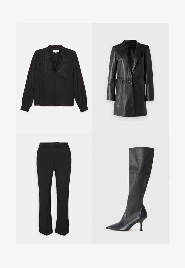 STUDIO ID Usnjena jakna - nappa black; Črna bluzica z dolgimi rokavi, ki ima okrasni vezeni ovratnik, sprednje zapiranje na gumb in nabran detajl na prsih. Gladka tekstura.; Črne krojene hlače s ravnim krojem, z nožicami za pas in stranskimi žepi. Narejene iz gladkega materiala z čistim zaključkom.; Črne usnjene škornje do kolen s koničastim nosom in ozkim stiletto peto. Gladka tekstura z oblikovanim dizajnom in šivi na zgornjem robu.