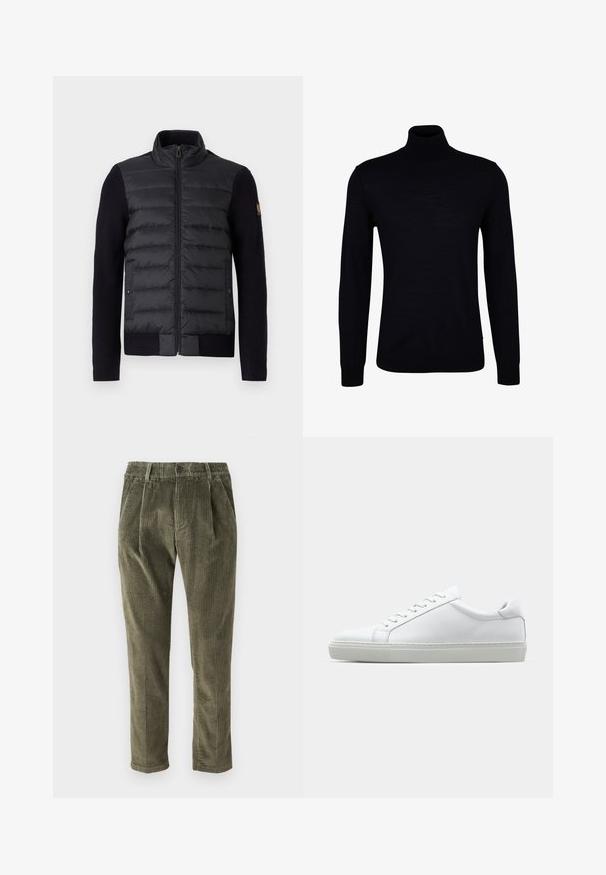 Svart zip-up jacka med kviltad frampanel och stickade ärmar, med sidofickor och en liten logotyp på vänstra ärmen.; Svart polotröja i en slätstickad kvalitet. Har långa ärmar, en åtsittande hals och ribbade ärmslut och nederkant för en tight passform.; Olivgrön kordbyxor med knapp- och dragkedjestängning, bälteshällor och sidofickor, visade mot en vit bakgrund.; Vit sneaker med en slät läderövre och låg profil. Har en rundad tå, sex snörhål och en strukturerad gummisula.