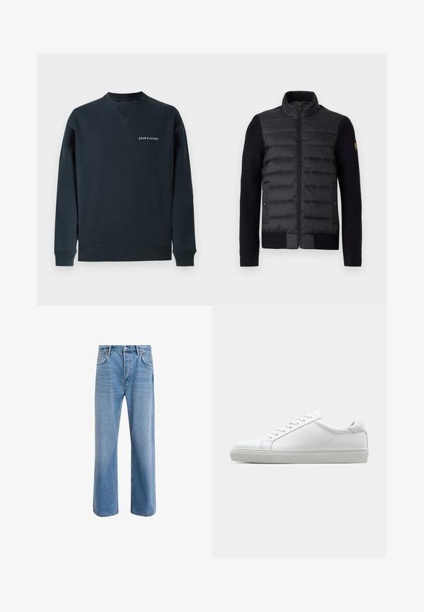 Schwarze Zip-Up-Jacke mit gestepptem Vorderteil und gestrickten Ärmeln, ausgestattet mit Seitentaschen und einem kleinen Logo-Patch am linken Arm.; Marineblaue Baumwoll-Sweatshirt mit Rundhalsausschnitt, gerippten Bündchen und Saum. Mit dem weißen "LYLE & SCOTT"-Logo auf der Brust. Glatte Textur.; Helle blaue Jeans im Geradeschnitt-Design, mit fünf Taschen, Knopfverschluss, minimaler Ausbleichung und kontrastierenden Nähdetails.; Weißer Sneaker mit glattem Lederobermaterial und niedrigem Profil. Verfügt über eine runde Zehenpartie, sechs Ösen und eine strukturierte Gummisohle.