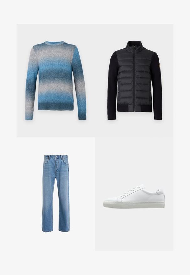 Schwarze Zip-Up-Jacke mit gestepptem Vorderteil und gestrickten Ärmeln, ausgestattet mit Seitentaschen und einem kleinen Logo-Patch am linken Arm.; Blauer Farbverlauf-Pullover aus weichem Material, mit Rundhalsausschnitt, langen Ärmeln und geripptem Saum. Die Farben reichen von hellblau bis dunkelblau.; Helle blaue Jeans im Geradeschnitt-Design, mit fünf Taschen, Knopfverschluss, minimaler Ausbleichung und kontrastierenden Nähdetails.; Weißer Sneaker mit glattem Lederobermaterial und niedrigem Profil. Verfügt über eine runde Zehenpartie, sechs Ösen und eine strukturierte Gummisohle.