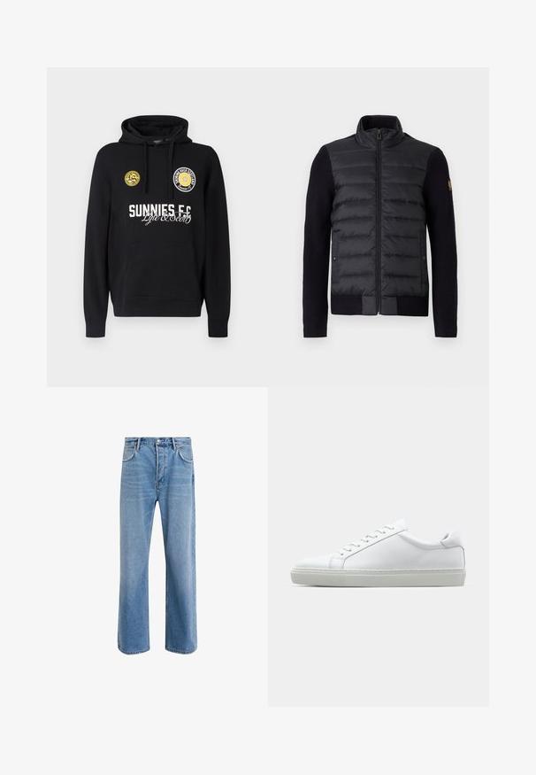 Melns zip-up džemperis ar kviltotu priekšējā paneļa un adītiem piedurknēm, ar sānu kabatām un mazu logo uzlīmi uz kreisā roka.; Melna džemperis ar kapuci un kaguropodu, uz krūtīm apaļas dzeltenas uzlīmes un balts teksts ar vārdiem "SUNNIES FC" un "Lyle & Scott".; Gai zilas džinsu bikses ar taisnām kājām, piecām kabatām, pogu aizvēršanu, minimālu izbalēšanu un kontrastējošiem šuvju elementiem.; Baltie sporta apavi ar gludu ādas virsu un zemu profilu. Iezīmējas ar noapaļotu purngalu, sešām acīm un teksturētu gumijas zoli.