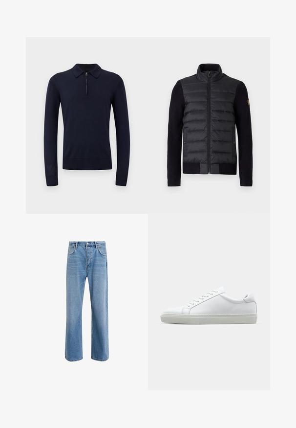 Schwarze Zip-Up-Jacke mit gestepptem Vorderteil und gestrickten Ärmeln, ausgestattet mit Seitentaschen und einem kleinen Logo-Patch am linken Arm.; Marineblaues Strickpolo mit Reißverschlusskragen, langen Ärmeln, gerippten Bündchen und einem taillierten Saum. Glatte Textur mit minimalistischem Design.; Helle blaue Jeans im Geradeschnitt-Design, mit fünf Taschen, Knopfverschluss, minimaler Ausbleichung und kontrastierenden Nähdetails.; Weißer Sneaker mit glattem Lederobermaterial und niedrigem Profil. Verfügt über eine runde Zehenpartie, sechs Ösen und eine strukturierte Gummisohle.