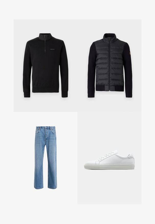 Čierna bunda na zips s prešívanou prednou časťou a pletenými rukávmi, obsahuje bočné vrecká a malú nášivku s logom na ľavom rukáve.; Čierna mikina so zipsom do polovice, dlhými rukávmi a logom na hrudi. Má hladký povrch a priliehavé manžety.; Svetlo modré denimové džínsy so strihom rovného nohu, päť vreciek, zapínanie na gombík, minimálne vyblednutie a kontrastné švy.; Biele tenisky s hladkým koženým zvrškom a nízkym profilom. Majú zaoblenú špičku, šesť očiek a štruktúrovanú gumovú podrážku.