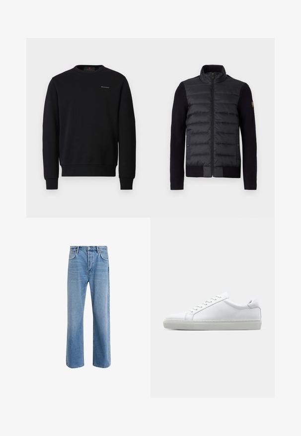 Mustan vetoketjullinen takki, jossa on tikattu etupaneeli ja neulosmateriaalista hihat. Takissa on sivutaskut ja pieni logo-patch vasemmassa hihassa.; Mustapohjainen puuvillaneule, jossa on pyöreä kaula-auko, pitkät hihat, resorit hihansuissa ja helmassa, sekä pieni valkoinen "BELSTAFF" -logo rinnassa.; Vaaleansiniset farkut suoranlahkeisella muotoilulla, viisi taskua, nappisuljenta, vähäinen kuluminen ja kontrastiväriset ompeluyksityiskohdat.; Valkoinen tennari, jossa on sileä nahkapäällinen ja matala profiili. Ominaisuuksiin kuuluu pyöreä kärki, kuusi rei'itystä ja teksturoitu kumipohja.