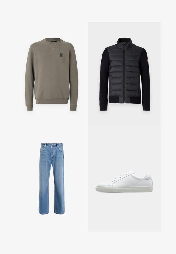 Černá zipová bunda s prošívanou přední částí a pletenými rukávy, vybavená bočními kapsami a malou nášivkou s logem na levém rukávu.; Olivově zelená mikina vyrobená z bavlněné směsi, s kulatým výstřihem, žebrovanými manžetami a malou nášivkou loga na levém prsu.; Světle modré džínové kalhoty s rovnými nohavicemi, pěti kapsami, zapínáním na knoflík, minimálním vyblednutím a kontrastním prošitím.; Bílé tenisky s hladkým koženým svrškem a nízkým profilem. Mají zaoblenou špičku, šest nýtů a texturovanou gumovou podrážku.