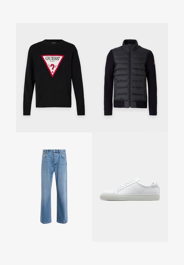 Giacca nera con zipper, pannello frontale trapuntato e maniche in maglia, dotata di tasche laterali e un piccolo patch con logo sul braccio sinistro.; Maglione nero lavorato a maglia con un grande triangolo rosso e testo bianco che recita "GUESS® U.S.A." e un motivo centrale a punto interrogativo. Polsini e orlo a costine.; Jeans in denim blu chiaro con design a gamba dritta, cinque tasche, chiusura con bottone, leggero sbiadimento e dettagli di cucitura a contrasto.; Sneaker bianco con tomaia in pelle liscia e profilo basso. Presenta una punta arrotondata, sei occhielli e una suola in gomma testurizzata.