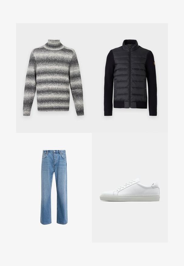 Mustan vetoketjullinen takki, jossa on tikattu etupaneeli ja neulosmateriaalista hihat. Takissa on sivutaskut ja pieni logo-patch vasemmassa hihassa.; Harmaa ja valkoinen raidallinen pooloneule, jossa on ribbireuna, pehmeä tekstuuri ja tavalliset pitkät hihat.; Vaaleansiniset farkut suoranlahkeisella muotoilulla, viisi taskua, nappisuljenta, vähäinen kuluminen ja kontrastiväriset ompeluyksityiskohdat.; Valkoinen tennari, jossa on sileä nahkapäällinen ja matala profiili. Ominaisuuksiin kuuluu pyöreä kärki, kuusi rei'itystä ja teksturoitu kumipohja.