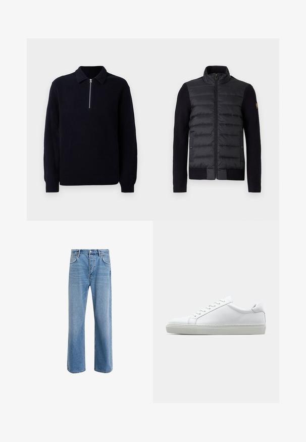 Black zip-up jacket with quilted front panel and knitted sleeves, featuring side pockets and a small logo patch on the left arm.; Navy ribbed knit pullover with a zippered front, a classic collar, and long sleeves. Soft texture with a relaxed fit.; Light blue denim jeans with a straight-leg design, five pockets, button closure, minimal fading, and contrasting stitching details.; White sneaker with a smooth leather upper and a low profile. Features a rounded toe, six eyelets, and a textured rubber sole.