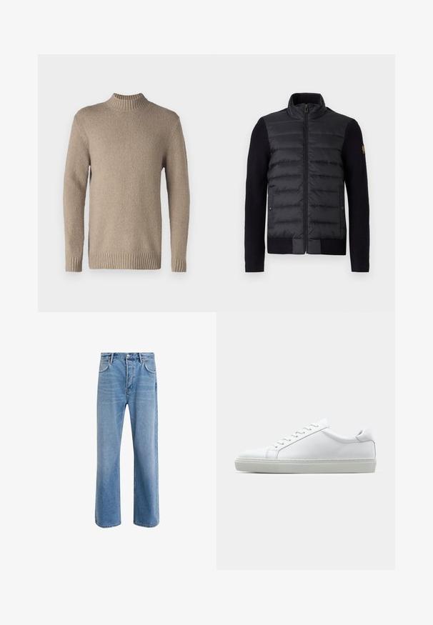 Črna zip-jakna z quiltano sprednjo ploščo in pletenimi rokavi, z stranskimi žepi in majhnim logotipom na levem rokavu.; Bež pulover iz pletene tkanine z teksturirano površino, rebrastim ovratnikom in manšetami. Ima dolge rokave in raven rob za klasičen dizajn.; Svetlo modre denim kavbojke s ravno nogavico, petimi žepi, z gumbom za zapiranje, minimalnim zbledelostjo in kontrastnimi šivi.; Bela športna obutev z gladkim usnjenim zgornjim delom in nizkim profilom. Ima zaokrožen nos, šest lukenj za vezalke in teksturiran gumijast podplat.