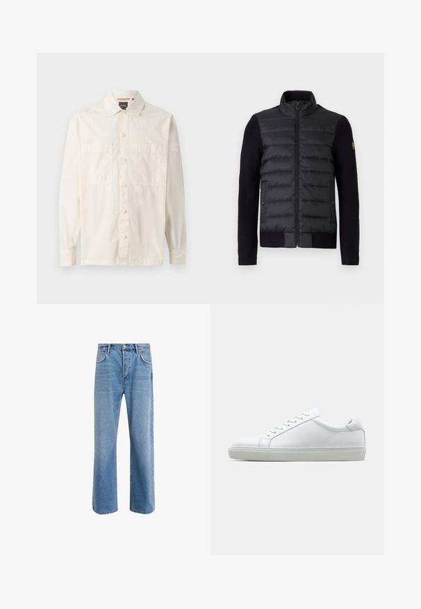 Schwarze Zip-Up-Jacke mit gestepptem Vorderteil und gestrickten Ärmeln, ausgestattet mit Seitentaschen und einem kleinen Logo-Patch am linken Arm.; Beige Langarmshirt aus leichtem Stoff, mit durchgängigem Knopfverschluss, zwei Brusttaschen und einem Markenetikett am Ärmel.; Helle blaue Jeans im Geradeschnitt-Design, mit fünf Taschen, Knopfverschluss, minimaler Ausbleichung und kontrastierenden Nähdetails.; Weißer Sneaker mit glattem Lederobermaterial und niedrigem Profil. Verfügt über eine runde Zehenpartie, sechs Ösen und eine strukturierte Gummisohle.
