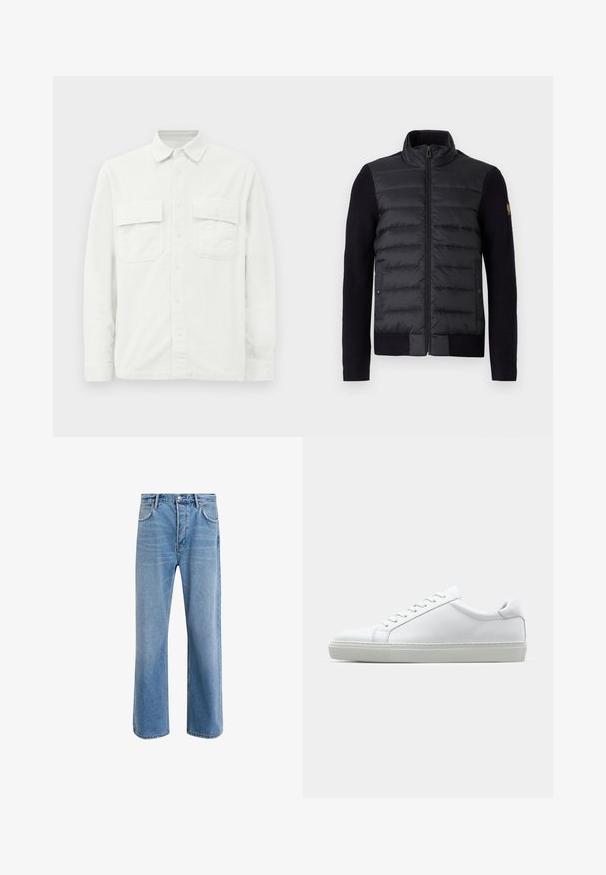 Černá zipová bunda s prošívanou přední částí a pletenými rukávy, vybavená bočními kapsami a malou nášivkou s logem na levém rukávu.; Bílá kordovská košile s dlouhými rukávy, límcem, dvěma kapsami na hrudi a strukturovaným vzorem látky. Zapínání na knoflíky vpředu.; Světle modré džínové kalhoty s rovnými nohavicemi, pěti kapsami, zapínáním na knoflík, minimálním vyblednutím a kontrastním prošitím.; Bílé tenisky s hladkým koženým svrškem a nízkým profilem. Mají zaoblenou špičku, šest nýtů a texturovanou gumovou podrážku.