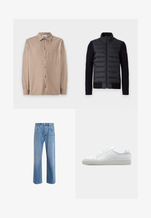 Melns zip-up džemperis ar kviltotu priekšējā paneļa un adītiem piedurknēm, ar sānu kabatām un mazu logo uzlīmi uz kreisā roka.; Bēšas krāsas pogājamā krekla ar svītrainu struktūru, ar apkakli, garām piedurknēm un krūšu kabatu. Izgatavots no mīksta auduma.; Gai zilas džinsu bikses ar taisnām kājām, piecām kabatām, pogu aizvēršanu, minimālu izbalēšanu un kontrastējošiem šuvju elementiem.; Baltie sporta apavi ar gludu ādas virsu un zemu profilu. Iezīmējas ar noapaļotu purngalu, sešām acīm un teksturētu gumijas zoli.