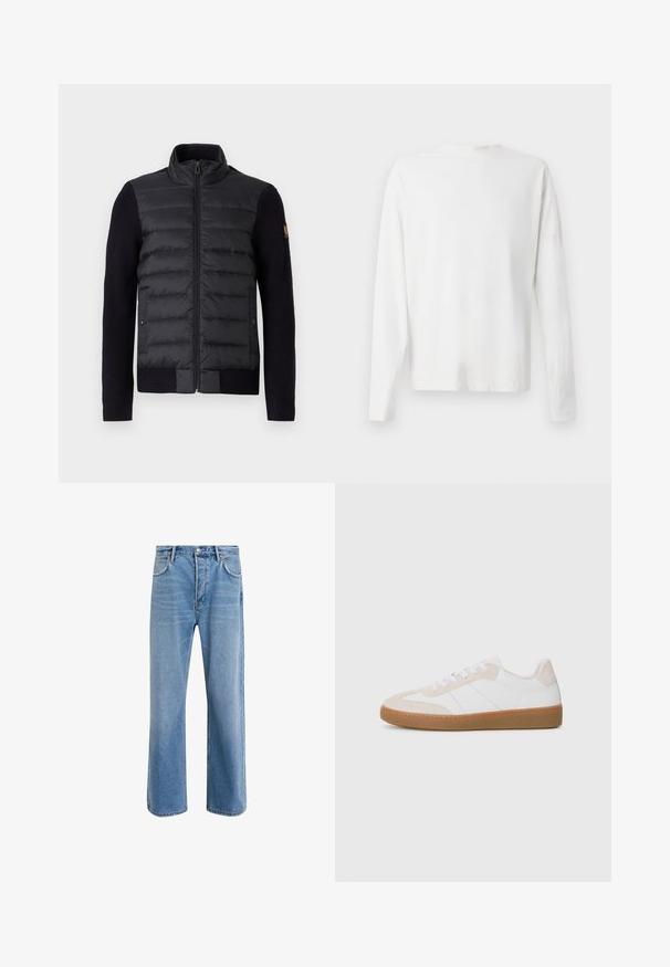 Schwarze Zip-Up-Jacke mit gestepptem Vorderteil und gestrickten Ärmeln, ausgestattet mit Seitentaschen und einem kleinen Logo-Patch am linken Arm.; Langärmliges weißes Baumwollhemd mit rundem Ausschnitt, seitlichen Schlitzen am unteren Rand und glatter Textur, von hinten präsentiert.; Helle blaue Jeans im Geradeschnitt-Design, mit fünf Taschen, Knopfverschluss, minimaler Ausbleichung und kontrastierenden Nähdetails.; Weiße und beige Sneaker mit Wildleder- und Lederelementen. Verfügt über eine Gummisohle, Schnürdesign und minimalistische Seitenstreifen.