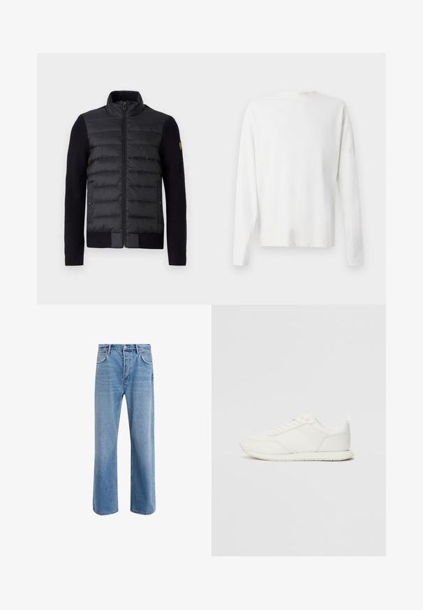 Veste zippée noire avec un panneau avant matelassé et des manches en tricot, comportant des poches latérales et un petit patch logo sur le bras gauche.; Chemise en coton blanc à manches longues avec un col rond, fentes latérales en bas et une texture lisse, présentée de dos.; Jeans en denim bleu clair avec une coupe droite, cinq poches, fermeture à bouton, peu d'usure et des détails de couture contrastés.; Sneaker blanche avec une tige en mesh et en synthétique, bout rond, lacets plats et une bande latérale texturée. Semelle en caoutchouc avec une languette à l'arrière.